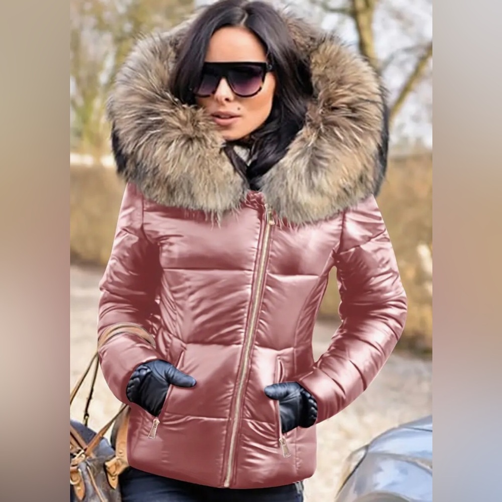 New Metallic Pink Puffer Coat with Fur Lined Hood Large